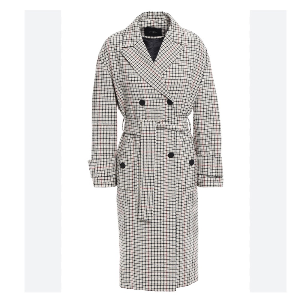 Maje GESSIA CHECKED WOVEN TRENCH COAT IN CARREAUX